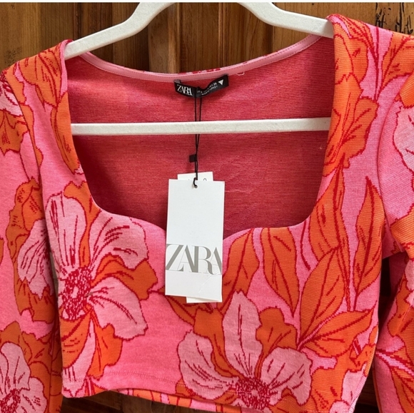 Zara Pink Orange Floral Print Jacquard Crop Top Pants 2 Piece Set small - Picture 9 of 14